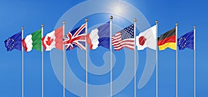 45th G7 summit , August 24Ã¢â¬â26, 2019 in Biarritz, Nouvelle-Aquitaine, France. 7  flags of countries of Group of Seven - Canada, photo